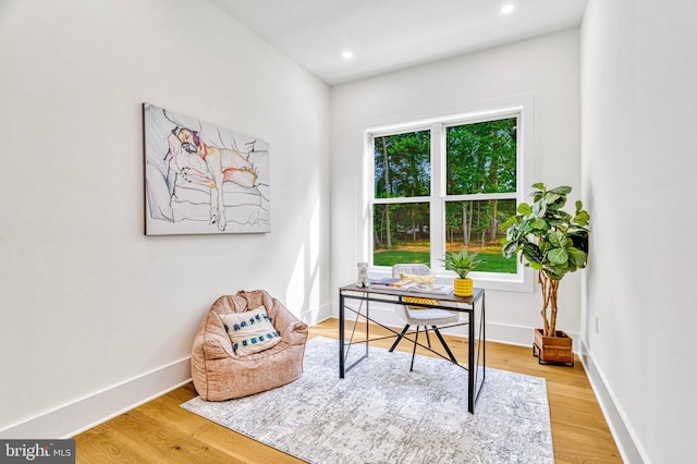 home office with hardwood / wood-style floors