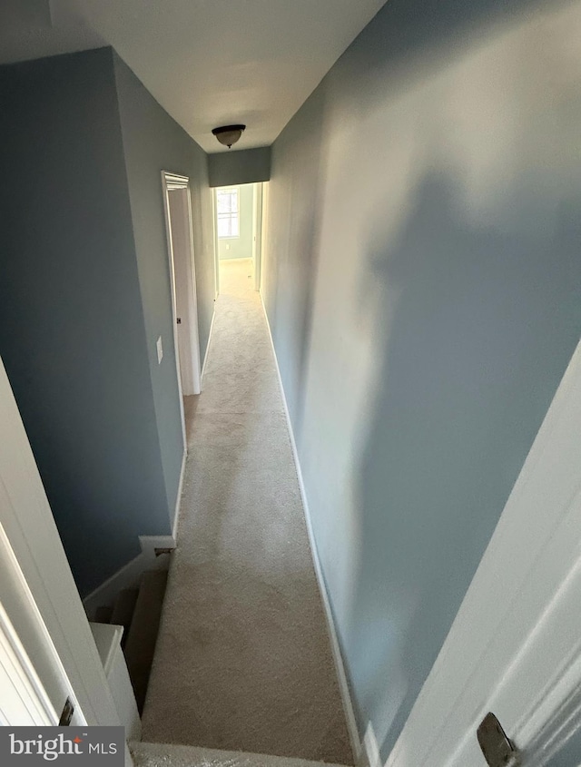 corridor featuring light colored carpet