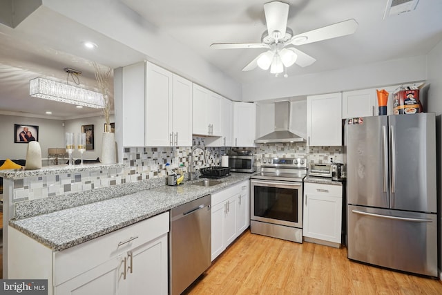 kitchen featuring appliances with stainless steel finishes, backsplash, wall chimney exhaust hood, sink, and white cabinets