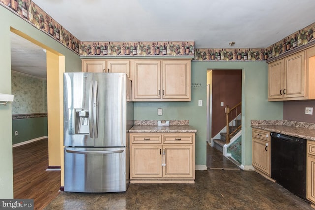 kitchen featuring stainless steel refrigerator with ice dispenser, black dishwasher, light stone counters, and light brown cabinetry