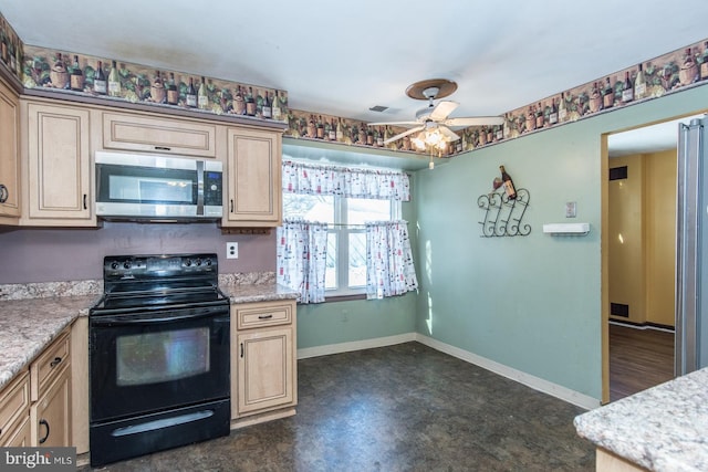 kitchen featuring ceiling fan, light brown cabinetry, and black electric range