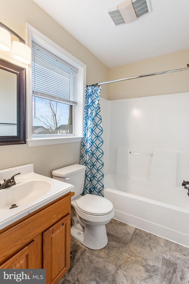 full bathroom featuring vanity, toilet, and shower / bathtub combination with curtain