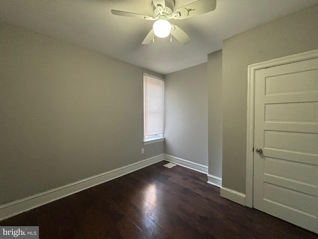 spare room featuring ceiling fan and dark hardwood / wood-style flooring