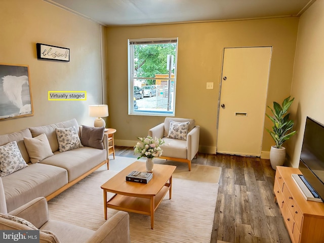 living room featuring hardwood / wood-style flooring and crown molding