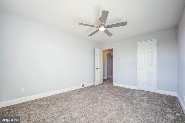 unfurnished bedroom with carpet and ceiling fan