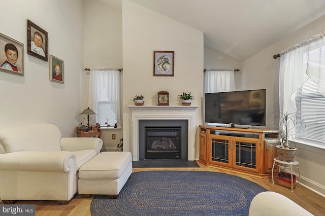 living room with light wood-type flooring and lofted ceiling