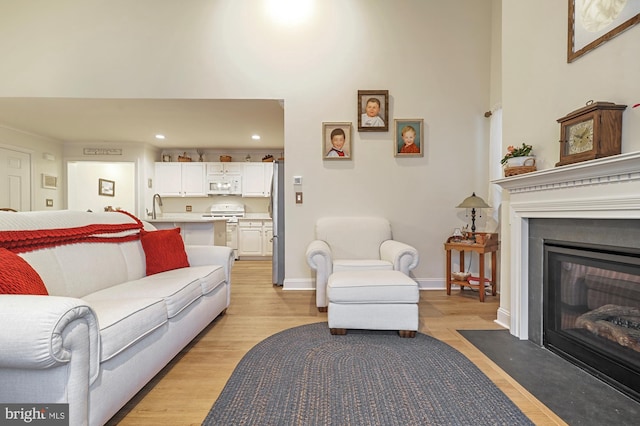 living room with light hardwood / wood-style flooring and sink