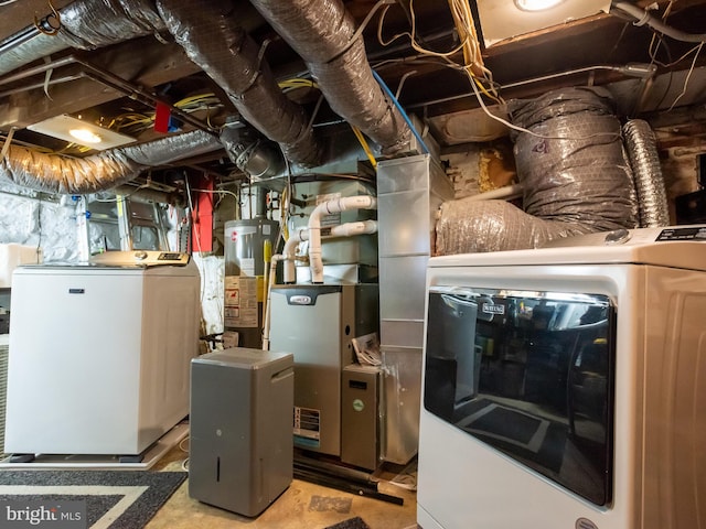 utility room featuring washer and dryer and water heater