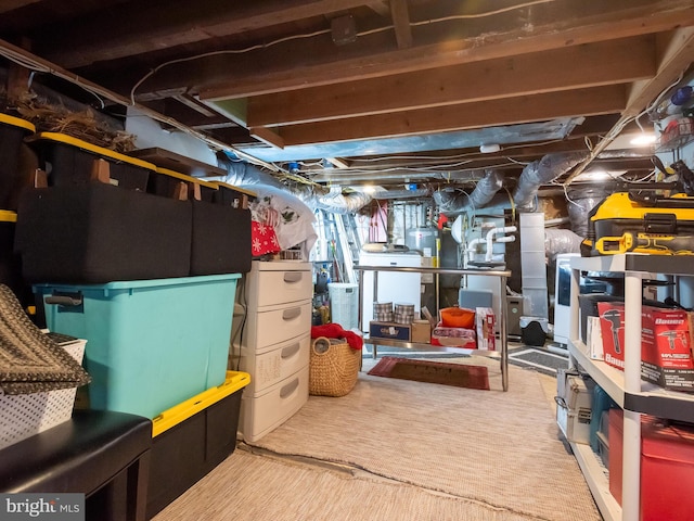 basement featuring carpet flooring and gas water heater