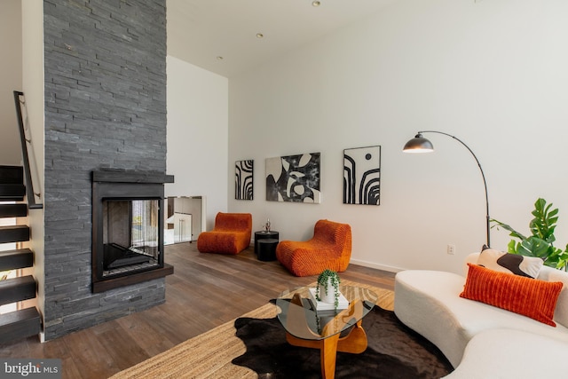 living room featuring wood-type flooring and a stone fireplace