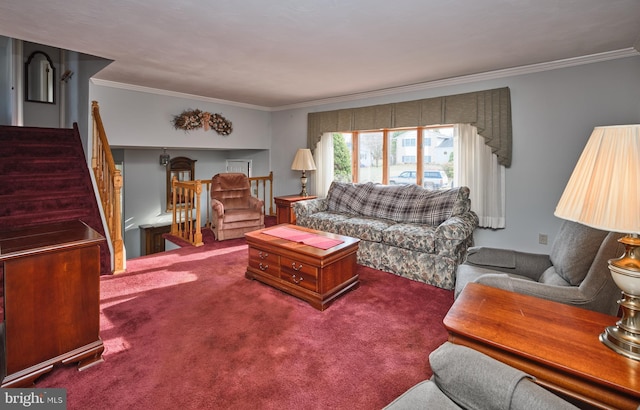 carpeted living room featuring ornamental molding