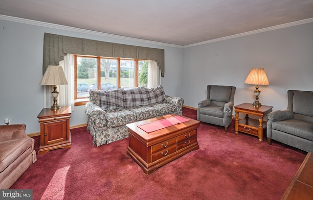 carpeted living room featuring ornamental molding