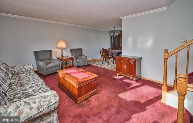 living room featuring carpet floors, a notable chandelier, and ornamental molding