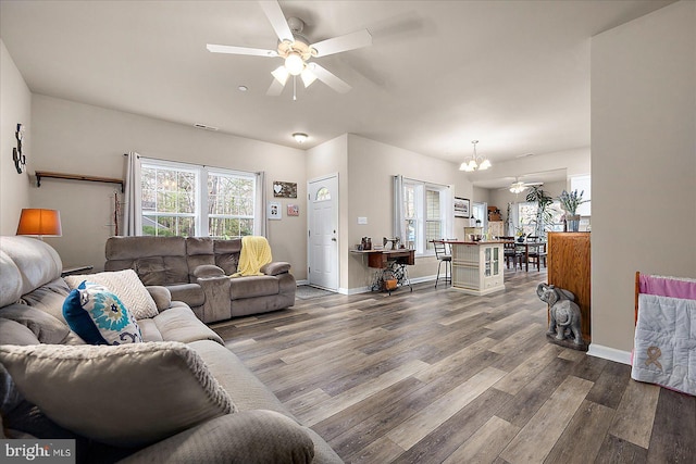 living room with ceiling fan with notable chandelier, wood-type flooring, and a wealth of natural light