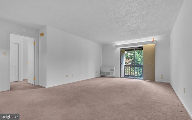 empty room with light colored carpet and a textured ceiling