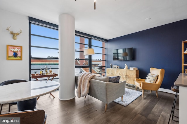 living room featuring a wall of windows and dark hardwood / wood-style floors