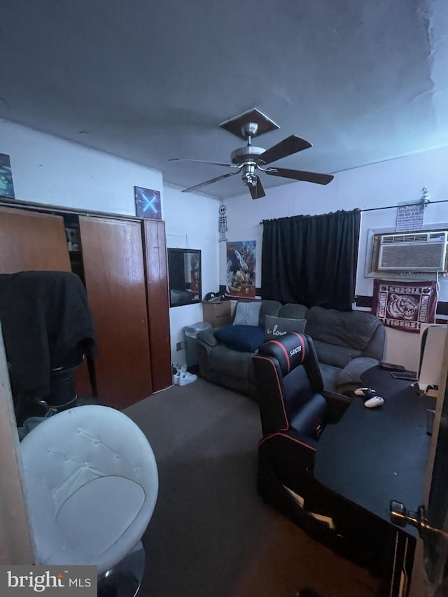 interior space with carpet, a wall unit AC, and ceiling fan