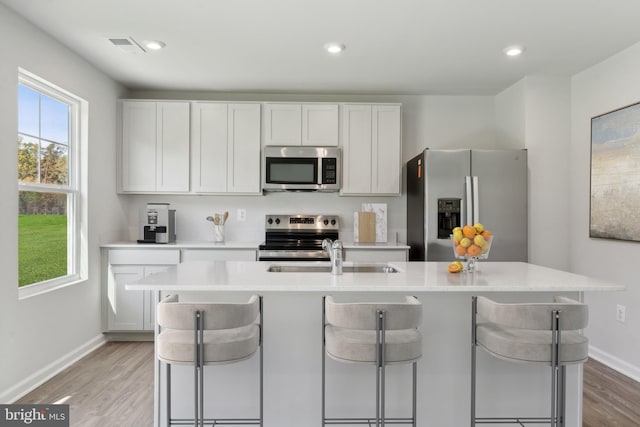 kitchen featuring a kitchen island with sink, a breakfast bar, white cabinets, and appliances with stainless steel finishes