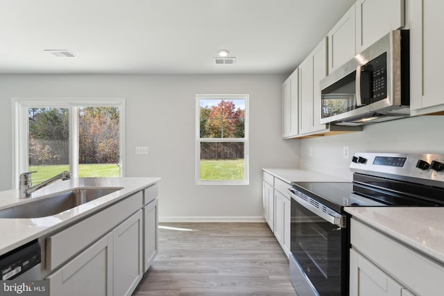 kitchen with a wealth of natural light, light wood-type flooring, sink, and appliances with stainless steel finishes