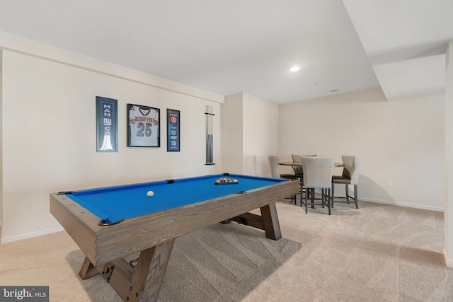 rec room featuring light carpet and pool table