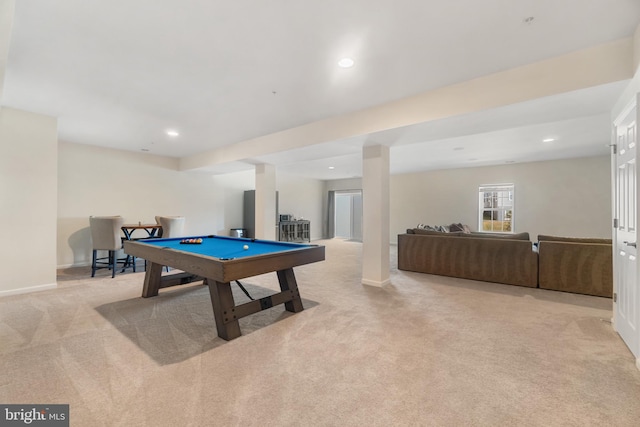 rec room featuring light carpet and billiards