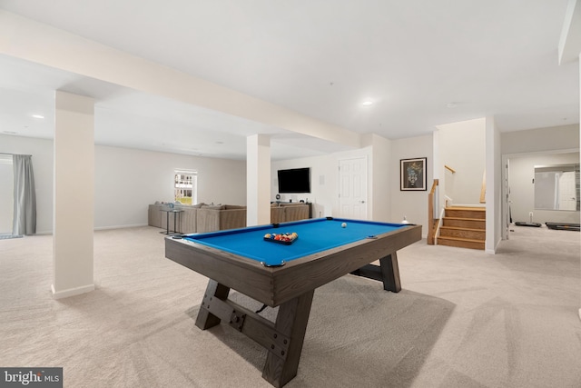 playroom featuring light carpet and pool table