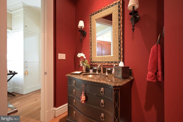 bathroom with hardwood / wood-style flooring and vanity