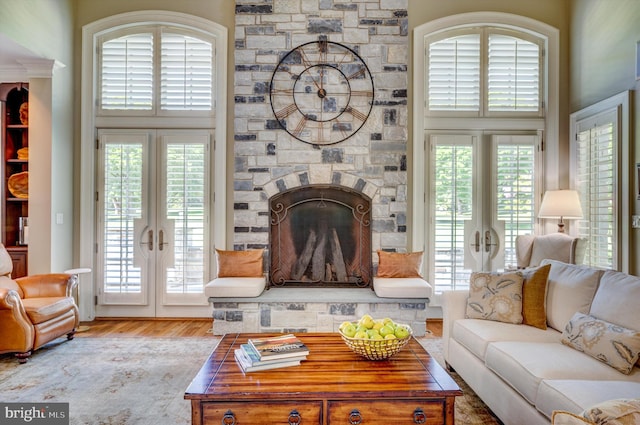 living room featuring french doors and plenty of natural light