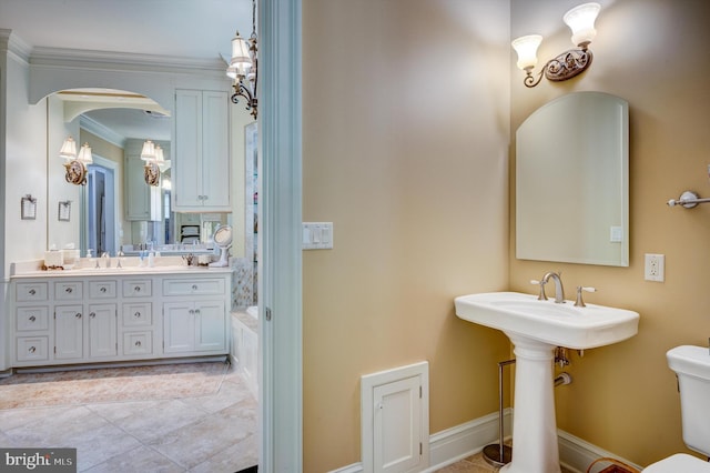 bathroom featuring tile patterned flooring, toilet, and ornamental molding