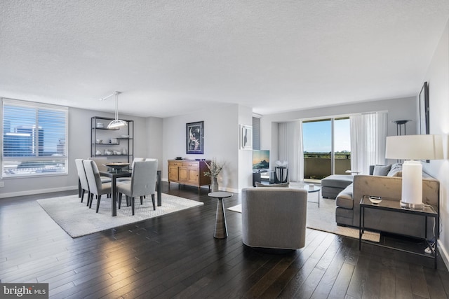 living room with dark hardwood / wood-style flooring and a textured ceiling