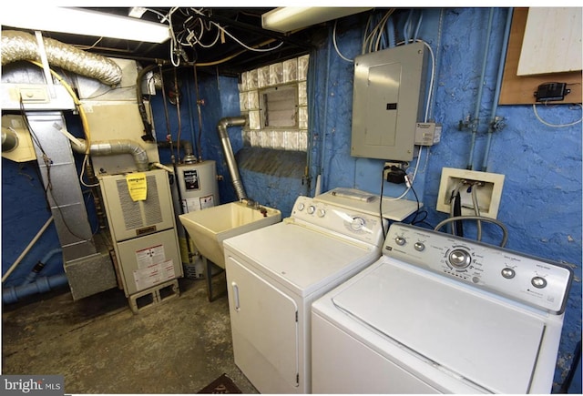 laundry room with independent washer and dryer, sink, electric panel, and water heater