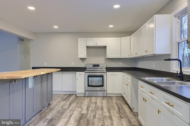 kitchen featuring butcher block countertops, electric range, sink, and white cabinets