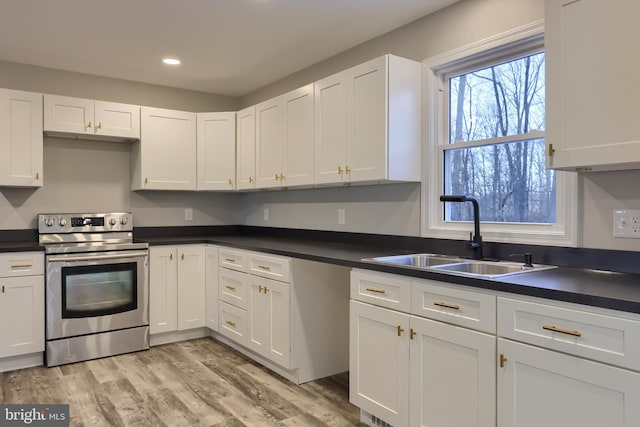 kitchen featuring white cabinetry, sink, stainless steel electric range, and light wood-type flooring