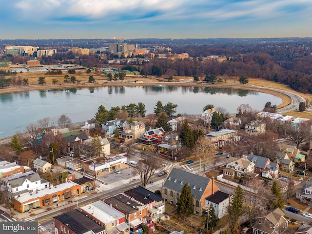 aerial view featuring a water view