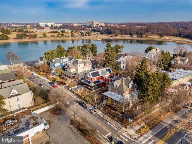 aerial view featuring a water view