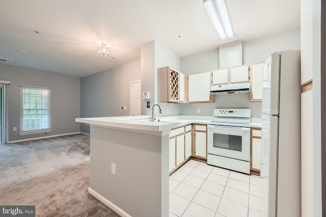 kitchen with kitchen peninsula, white appliances, and light colored carpet