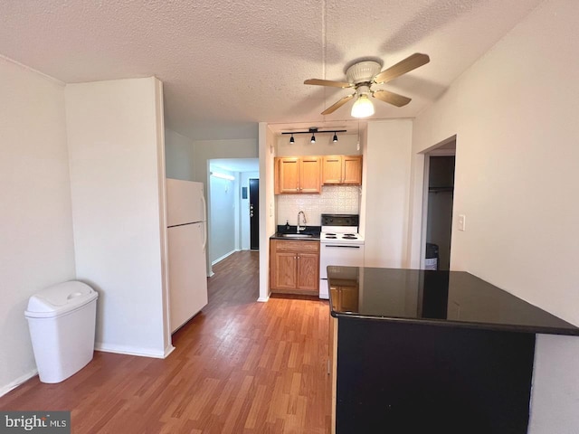 kitchen with white appliances, sink, light wood-type flooring, a textured ceiling, and tasteful backsplash