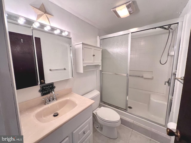 bathroom featuring tile patterned floors, vanity, toilet, and a shower with door