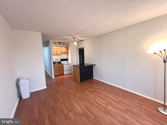 interior space with ceiling fan, dark hardwood / wood-style flooring, a textured ceiling, and sink