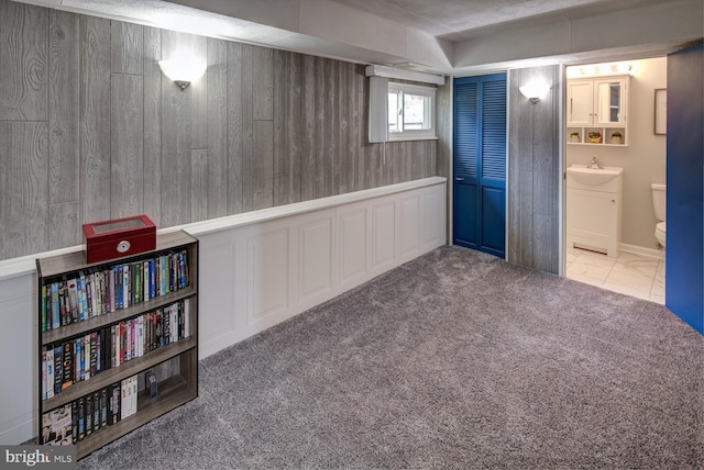 basement featuring carpet flooring, wood walls, sink, and a textured ceiling