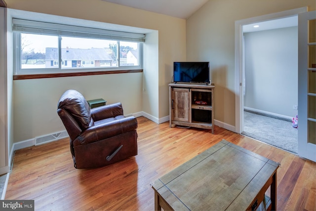 living room featuring wood-type flooring and vaulted ceiling