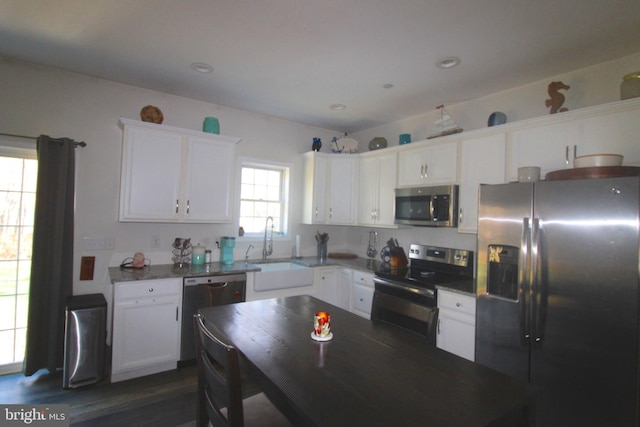 kitchen featuring stainless steel appliances, white cabinetry, sink, and dark hardwood / wood-style flooring