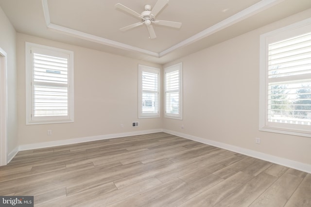 empty room featuring a tray ceiling, light wood finished floors, baseboards, and a wealth of natural light