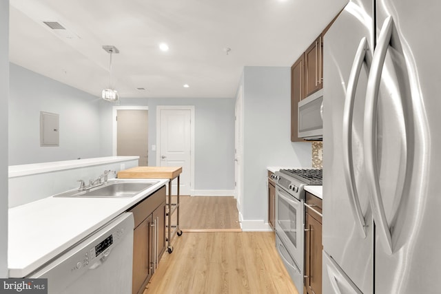 kitchen with light hardwood / wood-style floors, stainless steel appliances, sink, pendant lighting, and electric panel