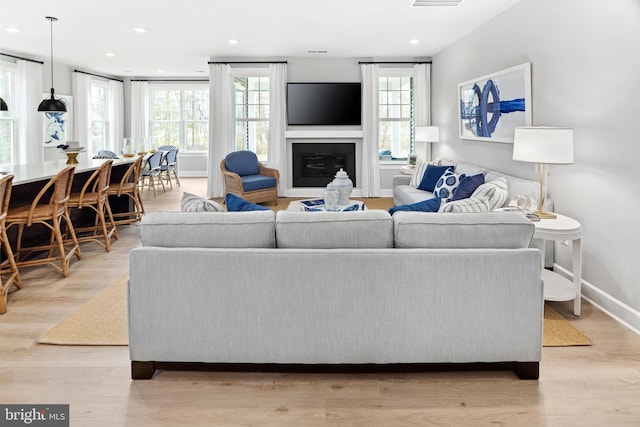 living room with light hardwood / wood-style flooring