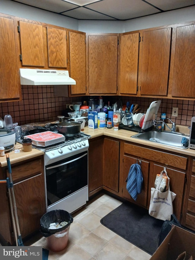 kitchen with decorative backsplash, sink, and gas range oven