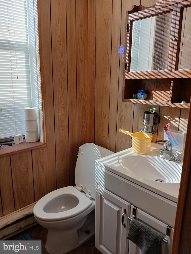 bathroom with wood walls, vanity, and toilet