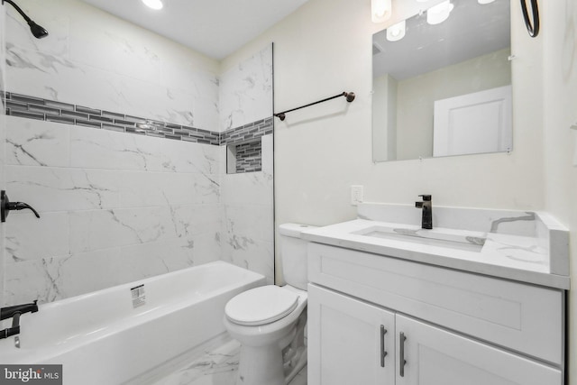 full bathroom with tiled shower / bath combo, toilet, and vanity