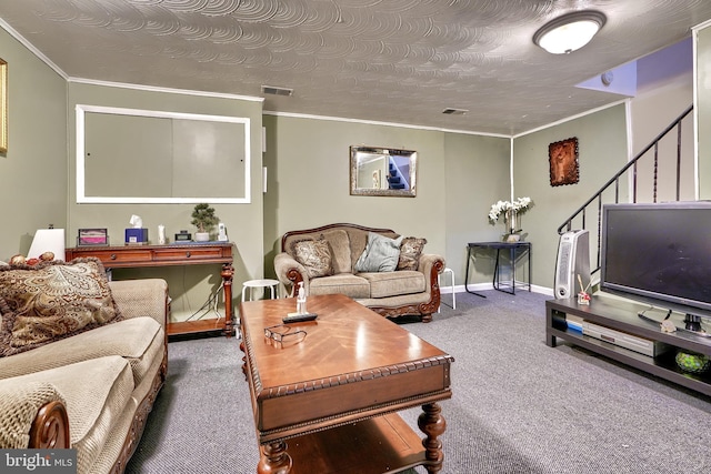 carpeted living room with a textured ceiling and crown molding