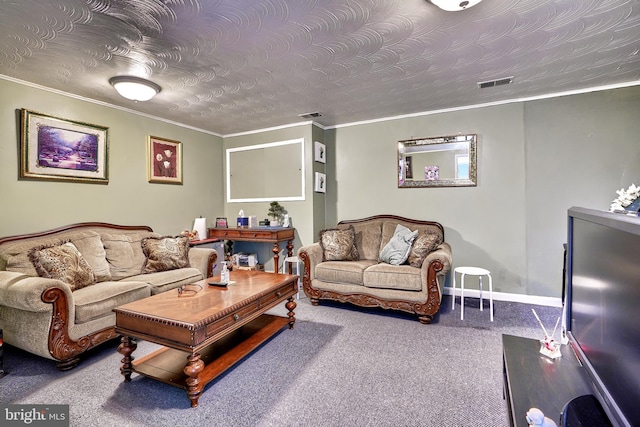 living room with carpet, a textured ceiling, and ornamental molding